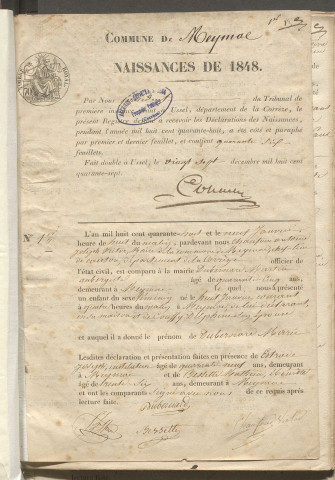 Naissances, mariages, décès (1848-1852)