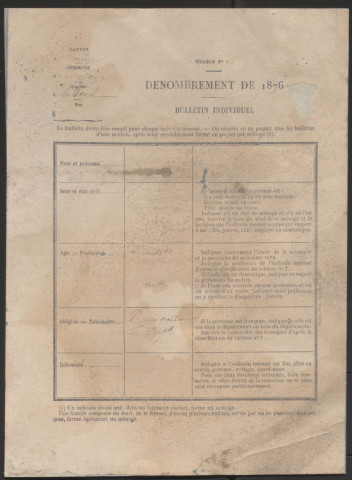 Population : feuilles de ménage. 1876