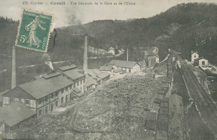Cornil : "476. Corrèze - Cornil - Vue générale de la gare et de l'usine".