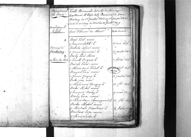 Tables décennales des mariages (1813-1822)