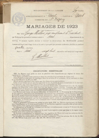 Naissances, mariages, décès (1923-1932).