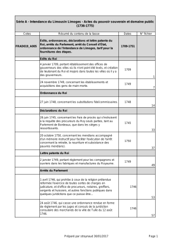 Édits, ordonnances, déclarations et lettre patente du Roi, arrêts du Parlement, arrêt du Conseil d'État, ordonnance de l'Intendance de Limoges, tarif pour la fournitures des étapes.